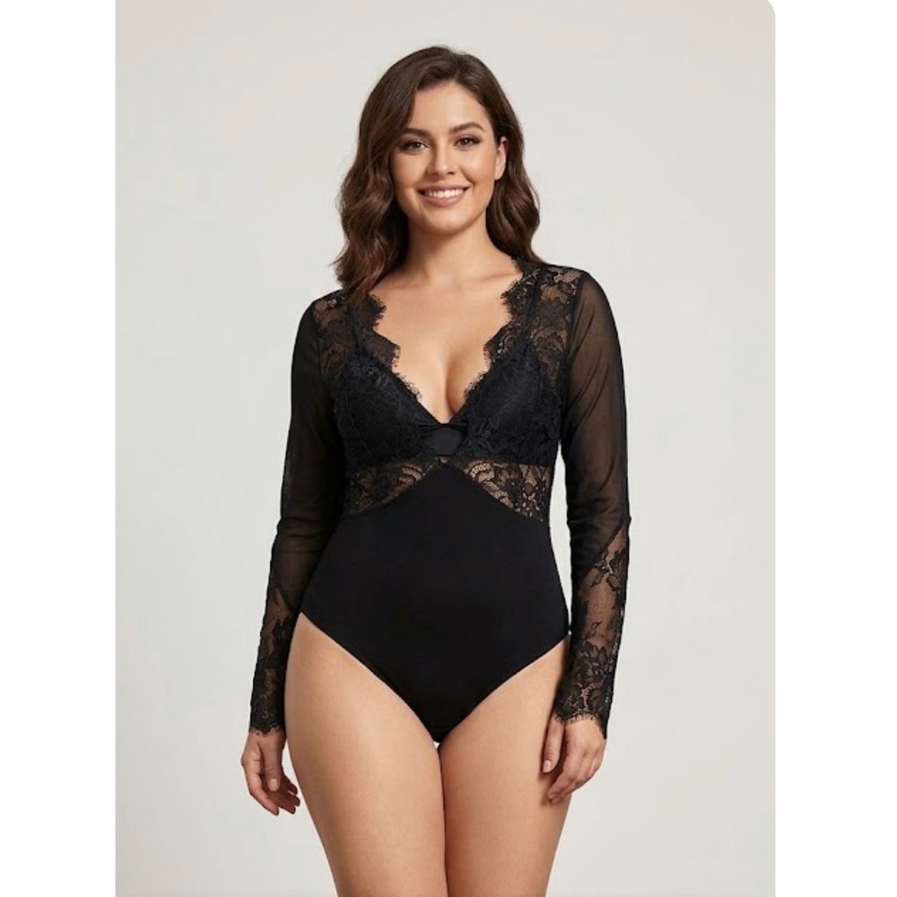 SweatyRocks Black Lace Mesh Long Sleeve V-Neck‎ Bodysuit Large sw210619141431